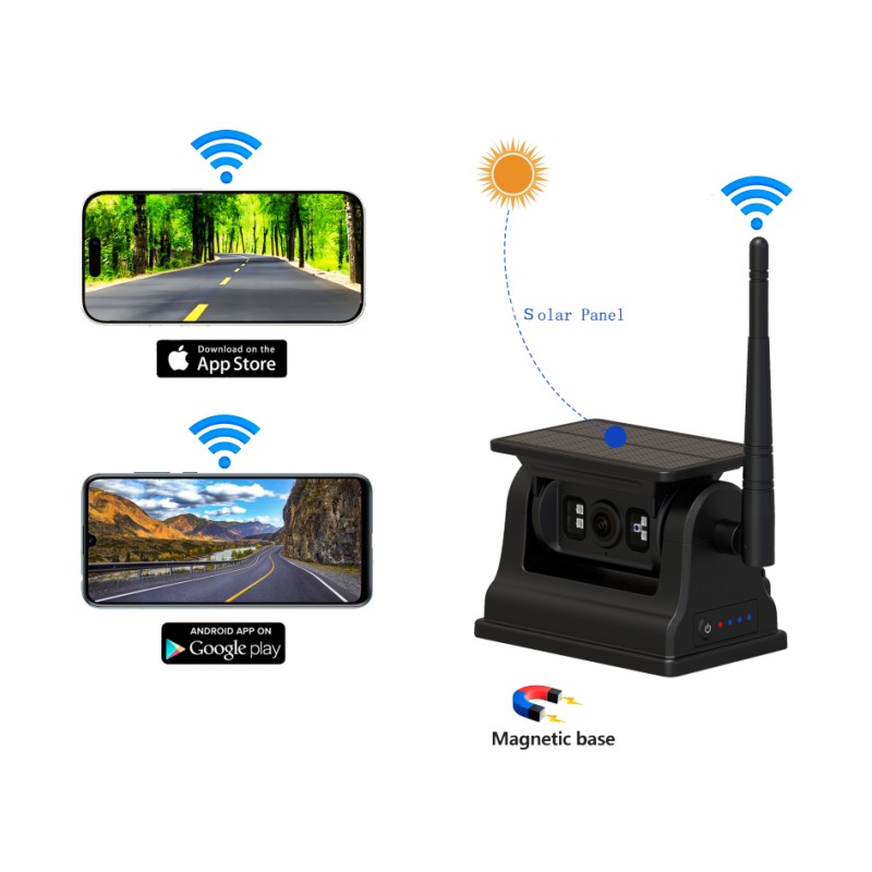 Langaton 1080P WiFi-taustakamera Android iOS:lle aurinkolatauksella ja magneettikiinnikkeellä