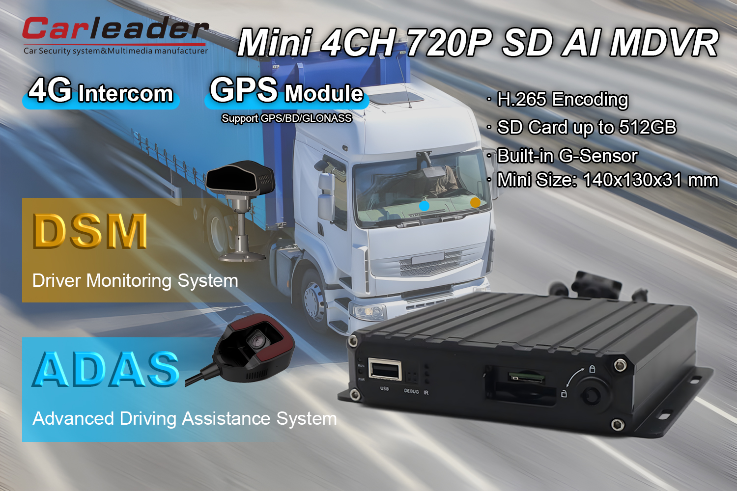 4CH AHD 1080P SD-kortti AI MDVR Tuki DSM ADAS